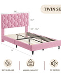Chic Pink Twin Bed Frame With Plush Upholstered Headboard And Heavy Duty Platform Base Featuring Tough Wooden Slats For Zero Creak Nights Set Up In A Flash No Box Spring Needed For A Cozy Room Glow Up dimensions with metal frame and 600lbs capacity.