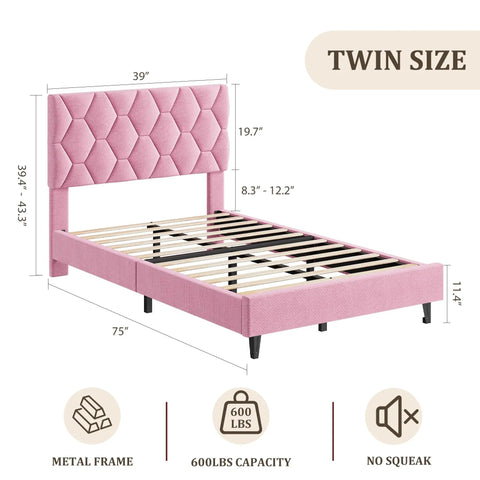 Chic Pink Twin Bed Frame With Plush Upholstered Headboard And Heavy Duty Platform Base Featuring Tough Wooden Slats For Zero Creak Nights Set Up In A Flash No Box Spring Needed For A Cozy Room Glow Up dimensions with metal frame and 600lbs capacity.