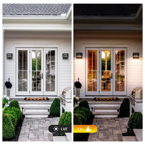 Durable Aluminum Outdoor Porch Sconce Light Waterproof Exterior Wall Lamp 8W AC LED 3000K on home entryway wall, day and night view