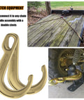 Two Pack 8 Inch Beefy Heavy Duty Tow J Hooks Set Grade 70 Forged Steel Yellow Zinc Plated Clevis J Hooks For Transport Chains 5400 Lbs Capacity Heavy Load Reliable Towing Hooks shown with chains on trailer and attached to vehicle.