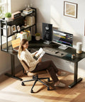63 Inch L Shaped Electric Standing Desk With Reversible Corner Layout And Hutch Height Adjustable Sit Stand Ergonomic Workstation For Home Office Spacious Large Lift Table Black with a woman working on a computer and books on the hutch.