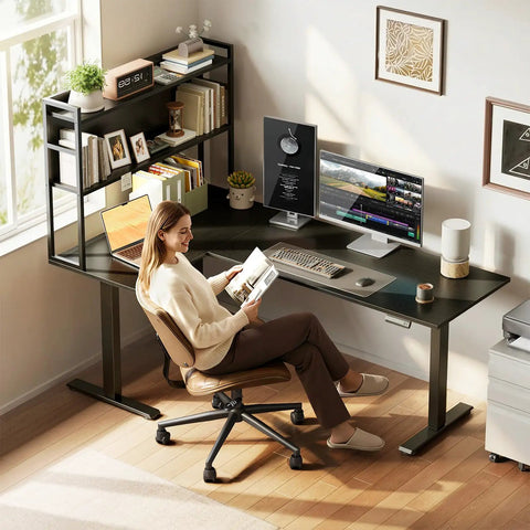 63 Inch L Shaped Electric Standing Desk With Reversible Corner Layout And Hutch Height Adjustable Sit Stand Ergonomic Workstation For Home Office Spacious Large Lift Table Black with a woman working on a computer and books on the hutch.