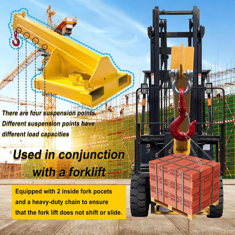 Heavy Duty Forklift Jib Boom Telescopic Crane Attachment With Heavy Gauge Hook 11000 LB Capacity lifting bricks on a construction site.