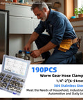 Man using 190-Piece Worm Gear Hose Clamp Set Beefy 304 Stainless Steel Heavy Duty Adjustable Clamps for plumbing work