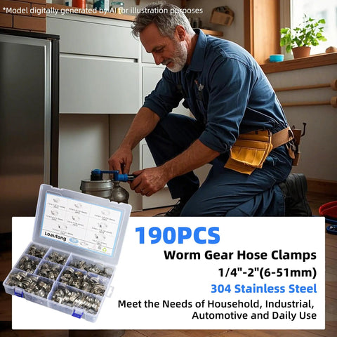 Man using 190-Piece Worm Gear Hose Clamp Set Beefy 304 Stainless Steel Heavy Duty Adjustable Clamps for plumbing work