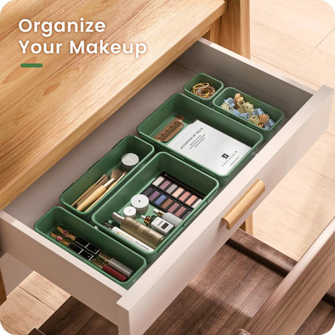 Military Grade Drawer Organizer Set With 177 Item Capacity, 28 Piece 5 Sizes In Green in desk drawer with makeup items