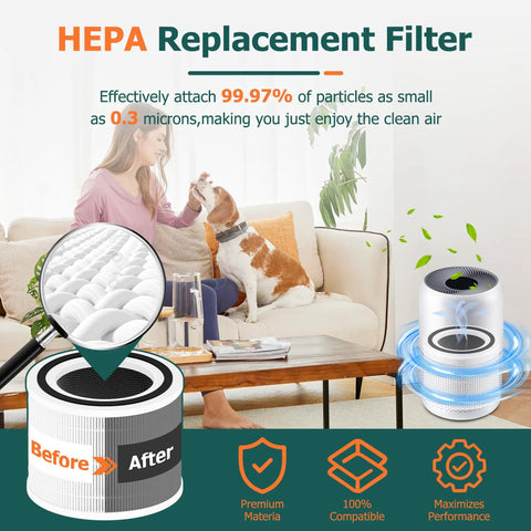 Diagram showing 3-In-1 H13 True HEPA Activated Carbon Replacement Filter for 300 purifiers, with person and pet in living room.