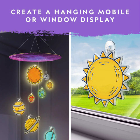 Solar System Stained Glass Suncatcher Craft Kit For Kids With Acrylic Sun And Planets, Glow In The Dark And Metallic Paints, Suction Cups And Hanging Supplies For Window Art Or Mobile, Build Your Own Outer Space Decor, hanging mobile and window display