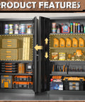 Heavy Duty Metal Storage Cabinet With Adjustable Shelves For Garage Home Office Kitchen Pantry And File Storage Lockable Doors Built Tough In Solid Steel 72 Inches Tall Black open showing organized tools and supplies