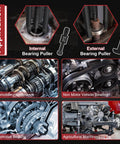 Illustration showing applications of 33-In-1 Bearing Puller Kit Upgraded Heavy-Duty Wheel Bearing Removal Tool And Blind Hole Puller Set for automotive, machinery.