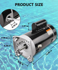 No Sweat Heavy Duty Dual Voltage Pool Pump Motor 2HP B2855 Replacement dimensions 12.99 in long, 6.30 in wide, and detailed sizing.