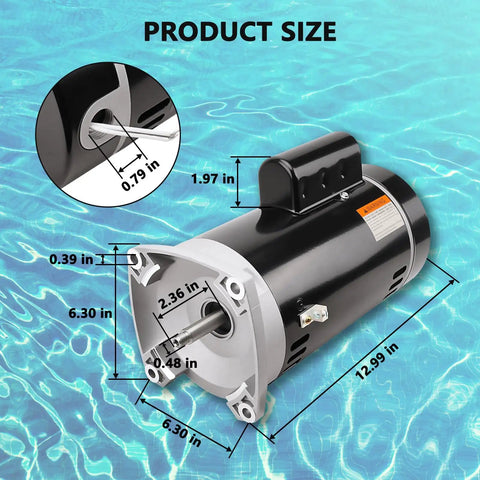 No Sweat Heavy Duty Dual Voltage Pool Pump Motor 2HP B2855 Replacement dimensions 12.99 in long, 6.30 in wide, and detailed sizing.