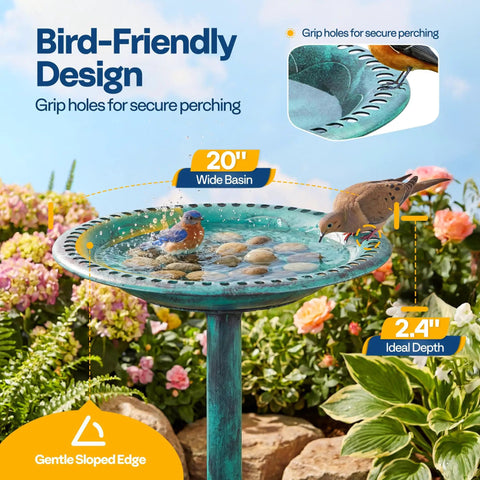 Weatherproof Polyresin Pedestal Bird Bath For Outdoors And Garden 28 Inch Tall With A 20 Inch Bowl Green