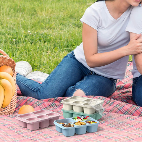 Four Pack 5 Compartment Wheat Straw Lunch Box Set For Adults And Kids Reusable BPA Free Stackable Meal Prep Containers on picnic mat with colorful boxes