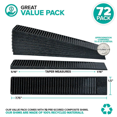 Badass Composite Shims 72 Pack for Leveling Wobbly Restaurant Tables and Toilets includes black composite shims, sizes 7.75" x 1.5" x 5/16" thick.