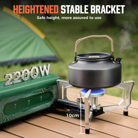 Portable Butane Camping Stove With Foldable Bucket Design Compact Gas Burner For Camping Emergency Use And Outdoor Cooking Sturdy Pot Support Carry Bag Included with kettle on wooden table