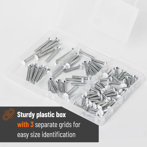 75 Pack Wall Plate Screws Set With Slotted Oval Heads For Outlets And Light Switches, Silver To White Painted Finish, in box