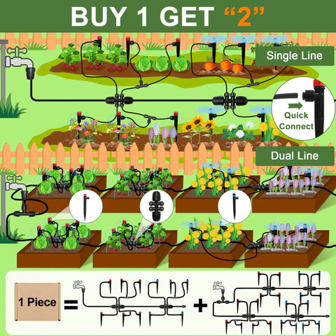 Smart Outdoor Drip Irrigation System With Quick Connect Tubing And Adjustable Sprinkler Heads For One Half Inch And One Quarter Inch Lines Ideal For Greenhouse Raised Beds Lawns And Potted Plants illustration showing setup
