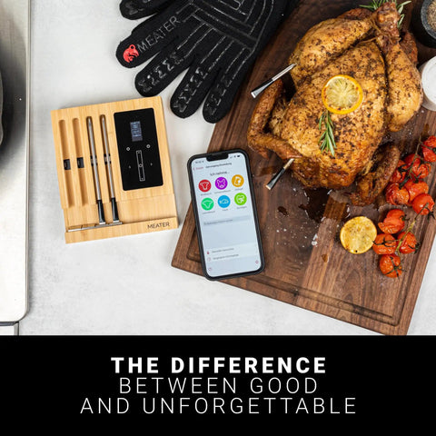 4 Probe WiFi Smart Meat Thermometer With Guided Cook System And Real Time Alerts Long Range For Backyard BBQs shown with cooked chicken