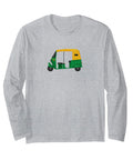 Dope Auto Rickshaw Graphic Long Sleeve T Shirt For Chill Vibes Black Classic Fit Lightweight Streetwear Tee With Double Stitched Hem And Fresh Everyday Drip on a grey shirt.