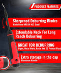 Super Easy Reach Extension Deburring Tool With 16 HSS Swivel Blades For Deep Pipe And Hard-To-Get-To Edges, Smooth Finish, Professional Grade Steel Construction, Perfect For Plumbing And Fabrication Projects features include sharpened blades and an extendable neck.