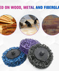 15 Pc Abrasive Strip Discs For Paint Removal Stripping And Polishing With Dense Uniform Fiber And Standard Hub Integrated Construction Perfect For Various Surface Finishes On Angle Grinders, featuring blue, purple, and black discs.