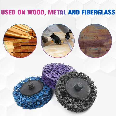 15 Pc Abrasive Strip Discs For Paint Removal Stripping And Polishing With Dense Uniform Fiber And Standard Hub Integrated Construction Perfect For Various Surface Finishes On Angle Grinders, featuring blue, purple, and black discs.