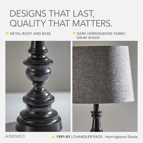 Close-up of lamp base in bronze finish and dark herringbone shade, part of Three Piece Lamp Set with bronze finished bases.