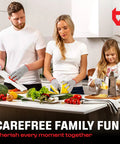 Family wearing Kids Cutting Gloves XS 8-12 Years slicing vegetables in kitchen, emphasizing food grade safety and cut protection.