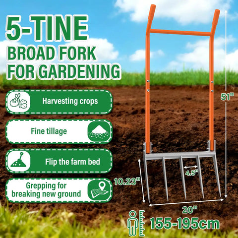 Heavy Duty 5-Tine Broad Fork for Gardening With Ergonomic U Shaped Handle All Steel Construction Rust Resistant Built to Dig Deep