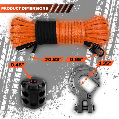 Heavy Duty Synthetic Winch Rope Kit 1/4 Inch By 50 Ft With 10000 Lbs Break Strength Includes Protective Sleeve Forged Hook Rubber Stopper And Safety Pull Strap For Off-Road 4x4 ATV UTV Orange with dimensions