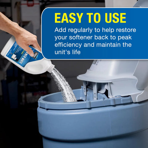 Softener Mate Whole House Water Softener Cleaner For Iron Manganese Silt And Organic Build Up Keeps Your Resin Running Smooth And Efficient 4 lbs improves system efficiency being poured into a water softener unit.