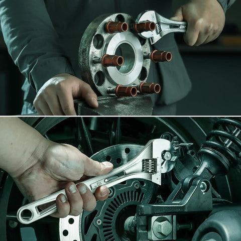 Mechanic using 10 Inch Adjustable Wrench With 1-7/16 Inch Jaw Opening Chrome Vanadium Steel Rust Resistant Heat Treated Finish