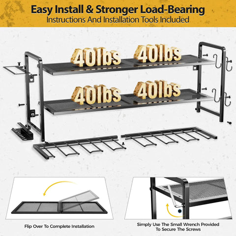 Wall Mount Power Tool Organizer With Seven Cordless Drill Holders, Heavy Duty Metal Tool Rack, Garage Storage Shelf With Battery Holder, Durable Corner Mount For Home Shop, Boss Level Gift For Men And Dads shown assembled with weight capacity display