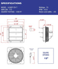 Specifications diagram for 12 Inch Wall Mounted Shutter Exhaust Vent Fan With Thermostat, shows dimensions and technical details.