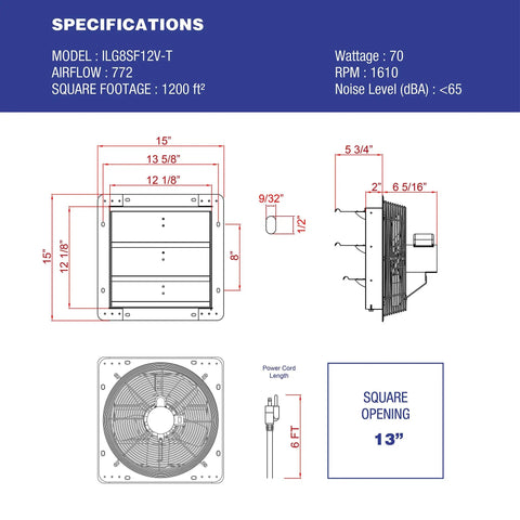 Specifications diagram for 12 Inch Wall Mounted Shutter Exhaust Vent Fan With Thermostat, shows dimensions and technical details.