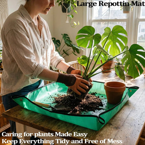 Person using large green repotting mat on wooden table with Monstera plant, showcasing clean potting process.
