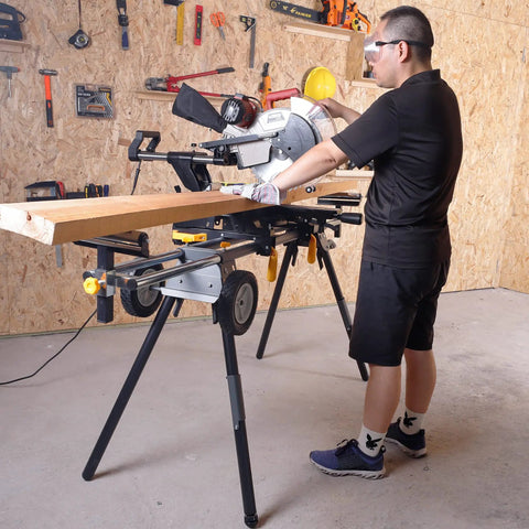 Person using Lightweight Universal Miter Saw Stand With 330 Lb Capacity, A Real Workhorse, Easy Fold, Model WK-MS050B