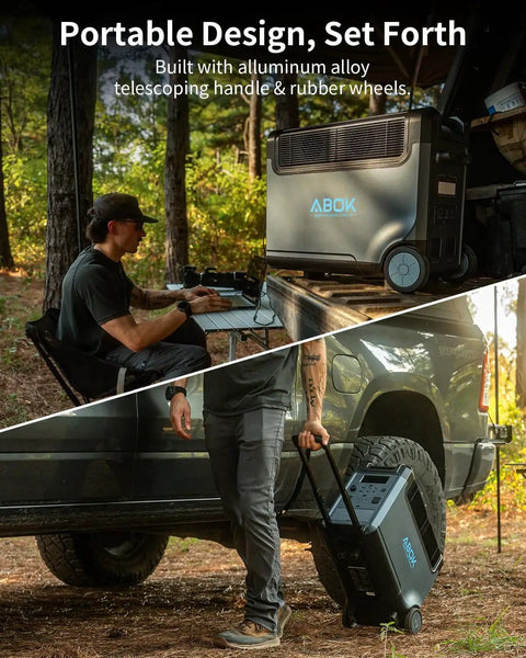 Man using Prepper Ready Solar Generator Kit With 400W Panel And 3600W Power Station, showing portability with wheels and handle.