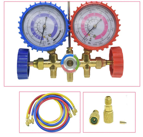 Three Way AC Diagnostic Manifold Gauge Set For Freon Charging Fits R410A R22 R404A Refrigerants With 60 Inch Hoses And Quarter Inch Thread Two Quick Couplers For HVAC And Auto AC Maintenance DIY Friendly, brass gauges and hoses