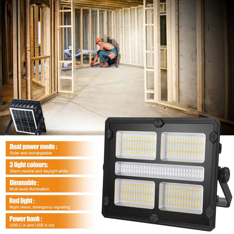 Super Bright Rechargeable Solar Work Light Packed With Huge Battery For All Your Camping Emergencies Storm Prep And Power Outages Portable Waterproof Lantern With Handy Hook And Stand Dimmable Settings Make It A Must Have, showcasing dual power modes, dimmable settings, and multiple light colors in a construction setting.