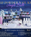Dope Dip Powder Nail Kit With 20 Color Changing Glitter Powders And Full Liquid Set Base Coat Top Coat Activator Brush Saver For French Manicure DIY Salon At Home displayed with glitter powders and tools against a snowy backdrop.