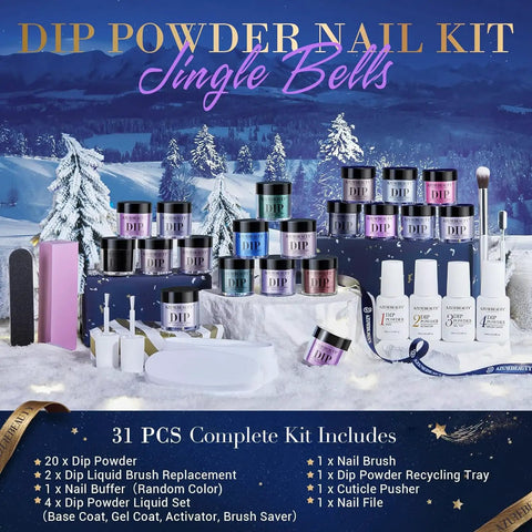 Dope Dip Powder Nail Kit With 20 Color Changing Glitter Powders And Full Liquid Set Base Coat Top Coat Activator Brush Saver For French Manicure DIY Salon At Home displayed with glitter powders and tools against a snowy backdrop.