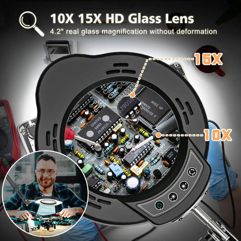 Hands Free Desk Magnifier With Light 15X And 10X Zoom showing circuit board details and controls for 84 LED, 5 color modes lamp.