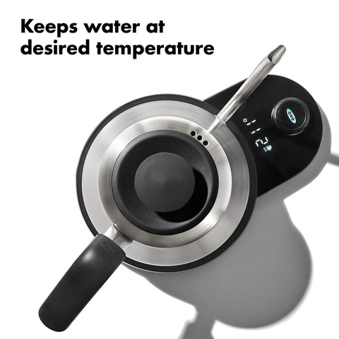 Top view of Gooseneck Electric Kettle For Pour Over Coffee And Tea With Dialed In Temperature In One Degree Increments From 104 To 212 Fahrenheit And 40 To 100 Celsius Built In Brew Timer Stainless Steel 1 Liter showing temperature display.