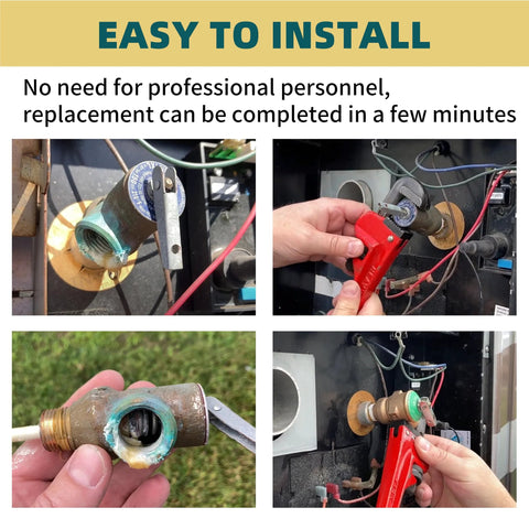 3/4-inch T&P pressure relief valve with extended probe, red-handled brass body shown installed on a hot-water heater.