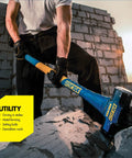 Person using Hard Face 16 Pound Sledge Hammer For Demolition And Stake Driving With 36 Inch Fiberglass Handle Induction Hardened To 50 55 HRC Overstrike Protection And Textured Grip for demolition on a stone wall.