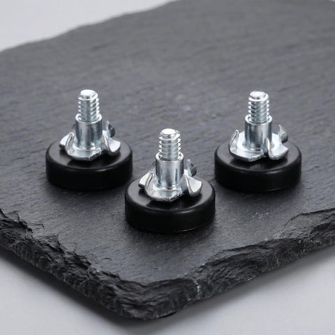 Close-up of Adjustable Furniture Leveling Feet Kit 12 Pcs With T Nuts And Anti Slip Pads 1/4 Inch Thread Carbon Steel And PP Build.