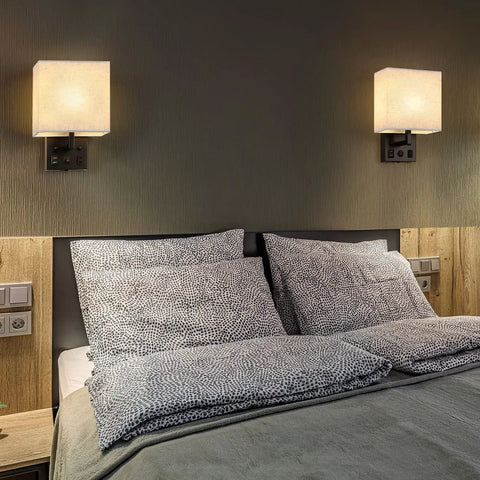 Bedroom with Dope Modern Plug In Wall Sconces Set Of 2 With USB Charging Ports And Built In AC Outlet Silver Finish With Linen Shade