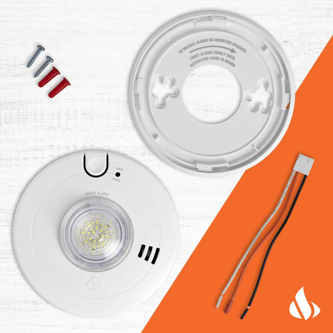 Hardwire Smoke Alarm With 10 Year Battery Backup And Strobe Light Wielding Precision Detection To Dodge Nuisance Cooking Alarms And Bring Big Time Safety To Your Pad With Zero Hassle And No More Battery Changes Or Grumbling Ever showing the unit and mounting bracket with screws.
